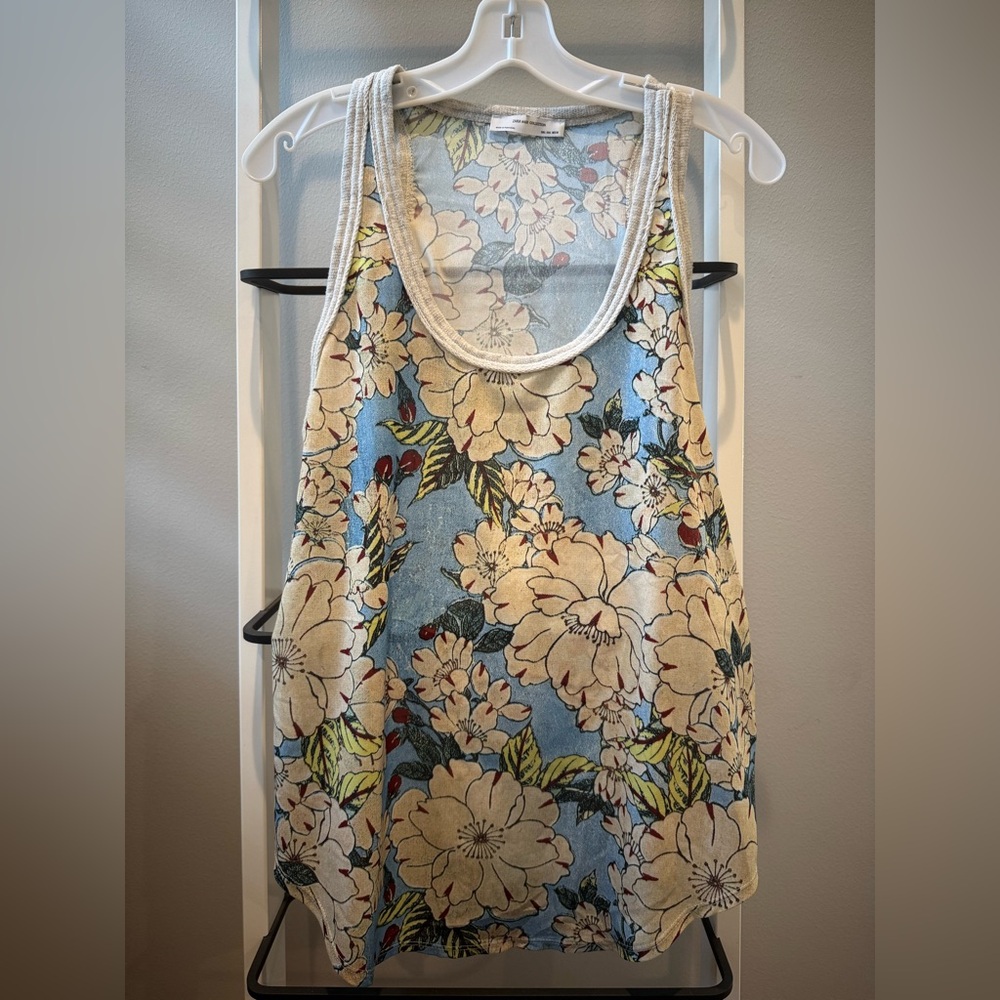 Zara W&B Collection Blue and Cream Floral Racerback Tank Top